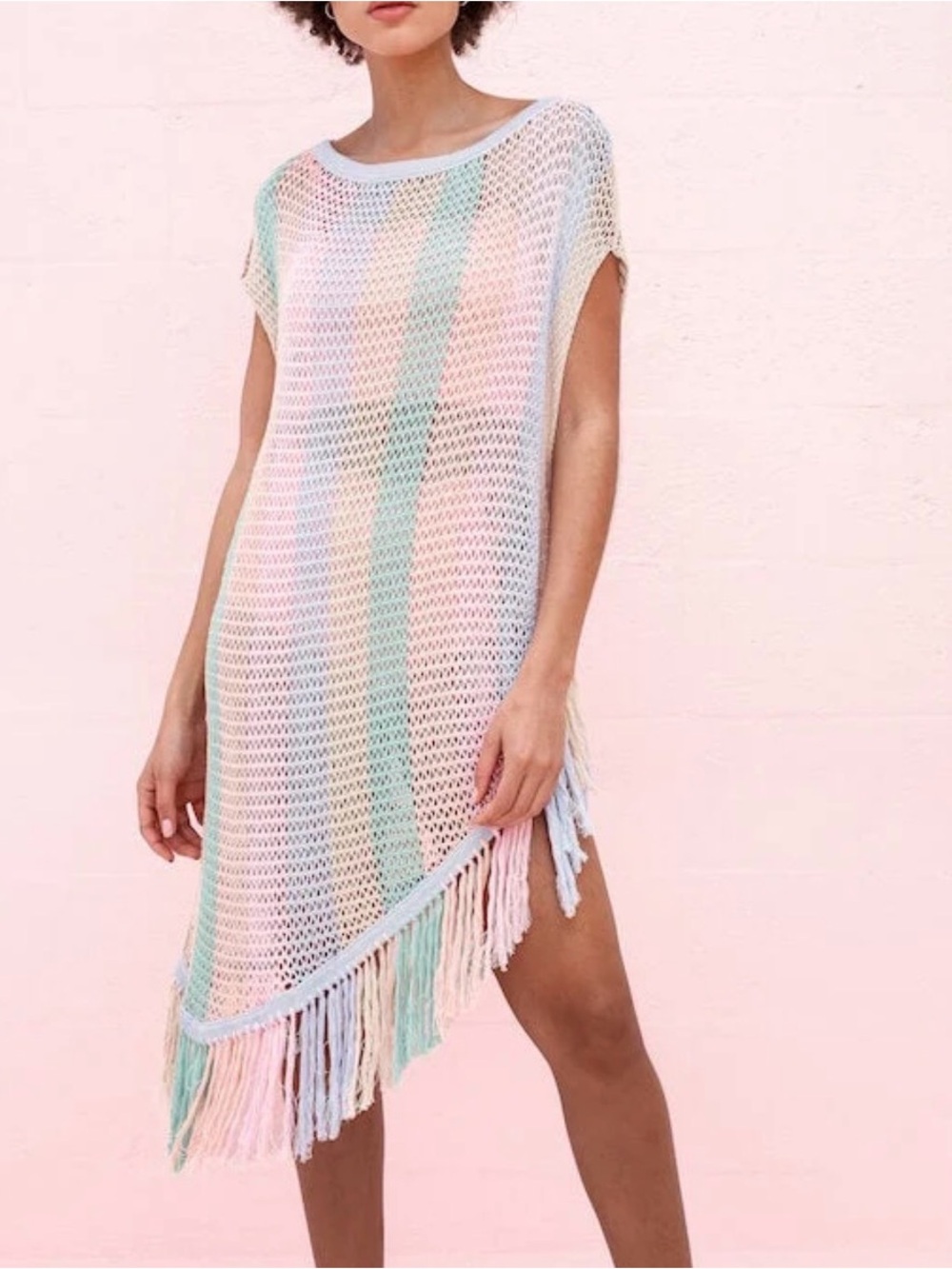 Pitusa Rainbow Crochet Asymmetrical Midi Skirt Fringe Pastel Resort Cover Up